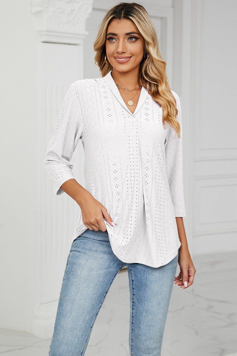 WOMEN EYELET COLLARED 3/4 SLEEVED BLOUSE TOP