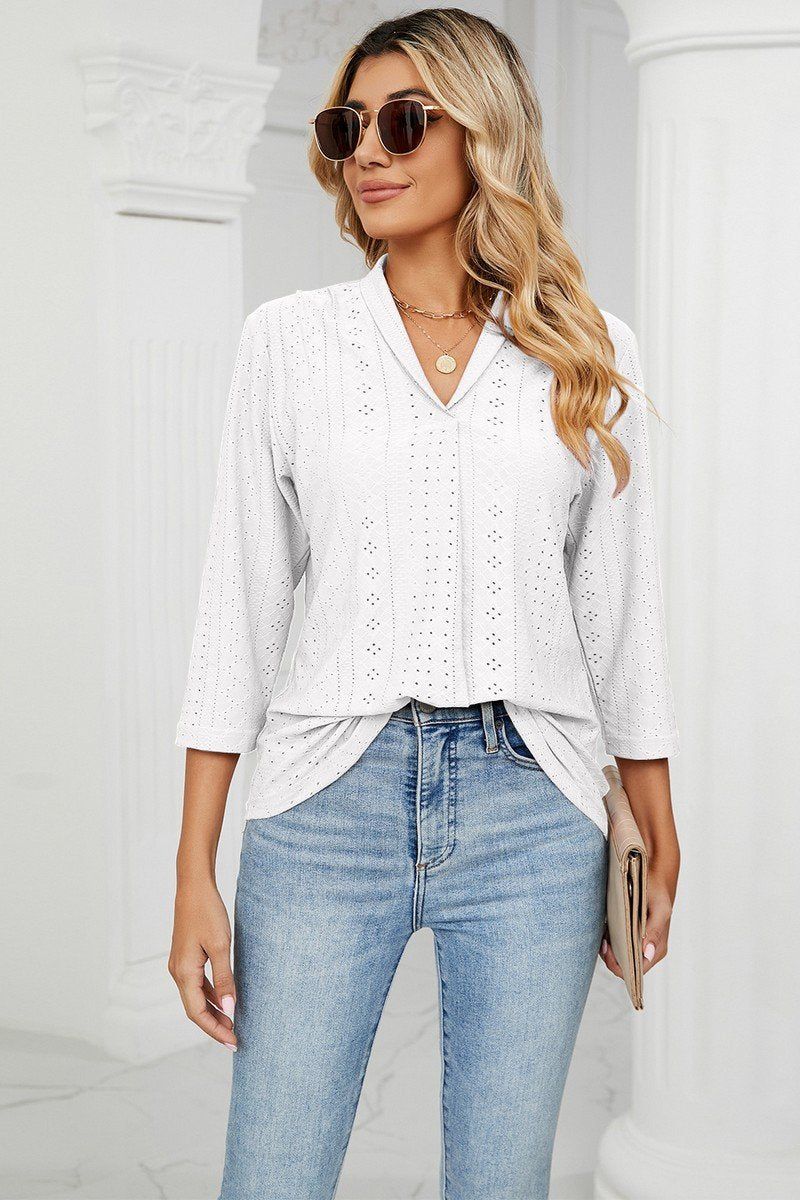 WOMEN EYELET COLLARED 3/4 SLEEVED BLOUSE TOP