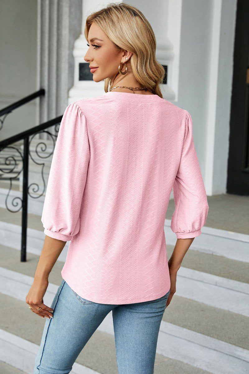 WOMEN RIBBED 3/4 SLEEVE PATTERN STITCHED BLOUSE