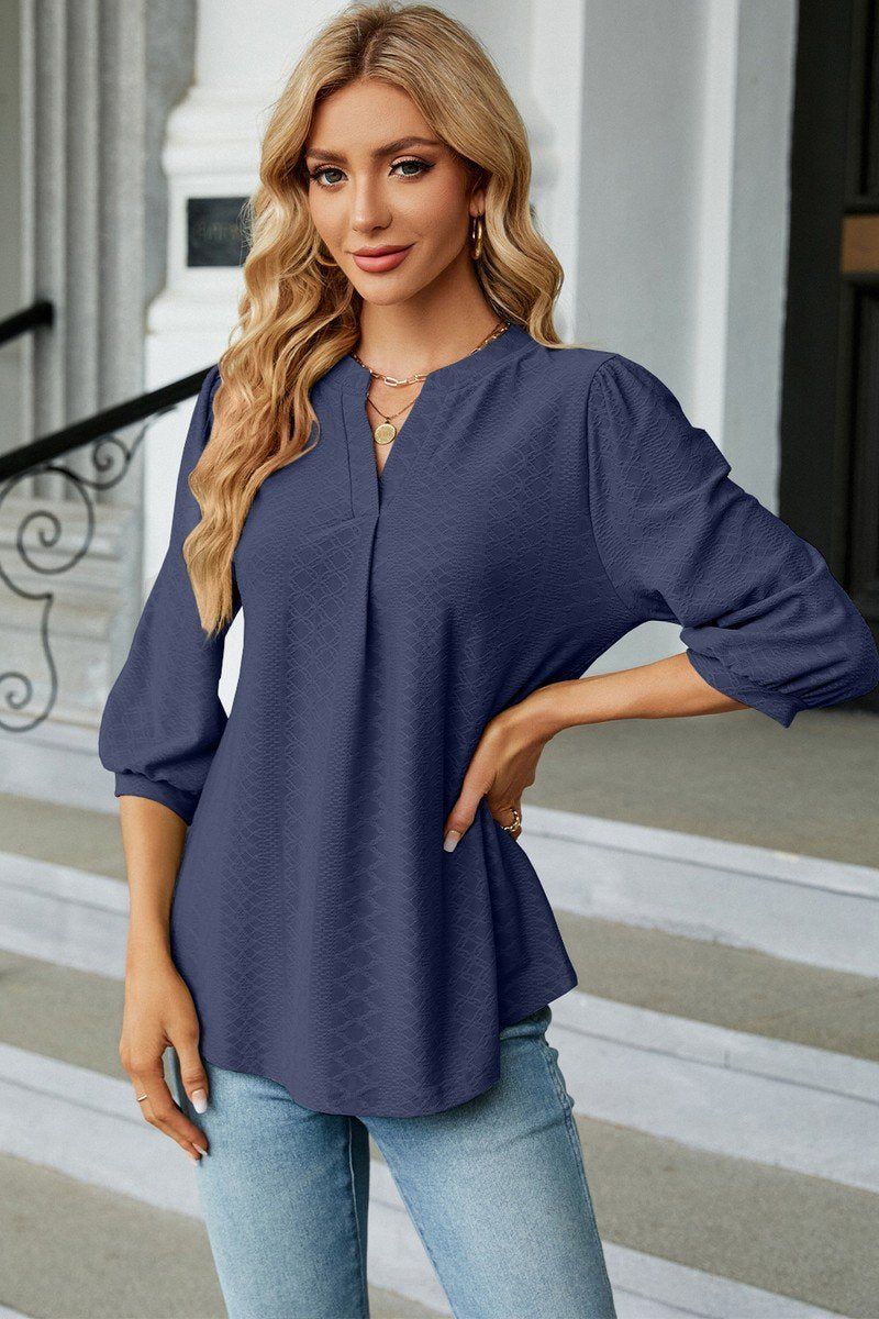 WOMEN RIBBED 3/4 SLEEVE PATTERN STITCHED BLOUSE