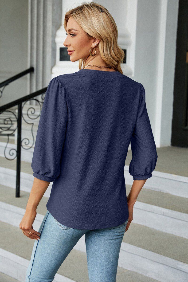 WOMEN RIBBED 3/4 SLEEVE PATTERN STITCHED BLOUSE