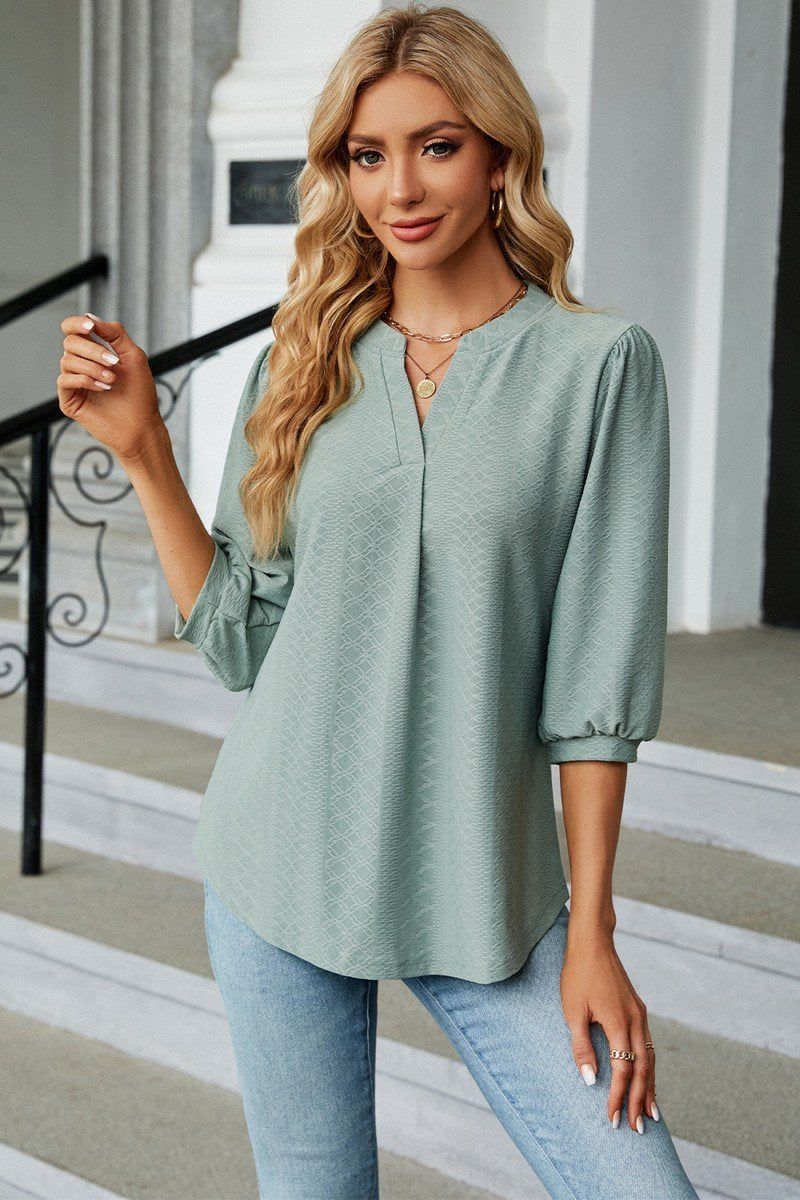 WOMEN RIBBED 3/4 SLEEVE PATTERN STITCHED BLOUSE