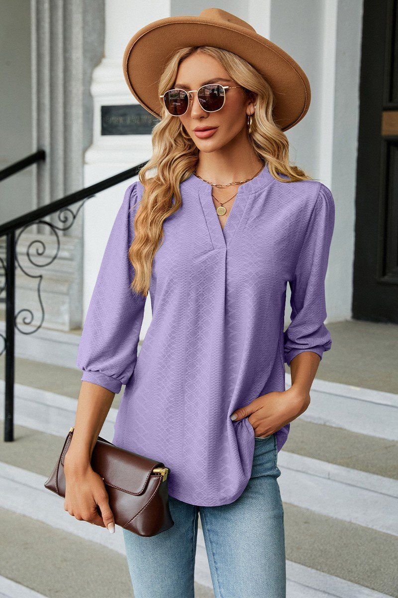 WOMEN RIBBED 3/4 SLEEVE PATTERN STITCHED BLOUSE