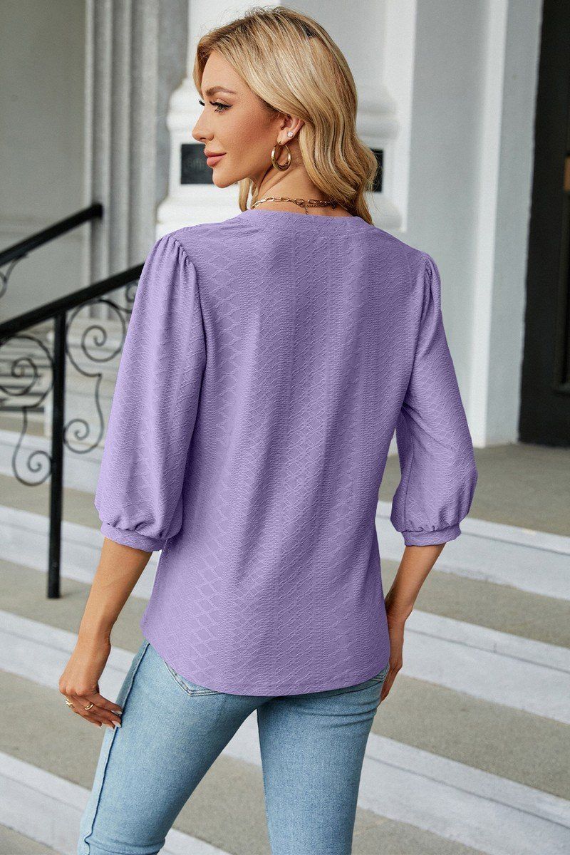 WOMEN RIBBED 3/4 SLEEVE PATTERN STITCHED BLOUSE