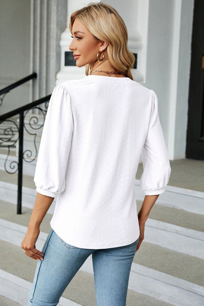 WOMEN RIBBED 3/4 SLEEVE PATTERN STITCHED BLOUSE