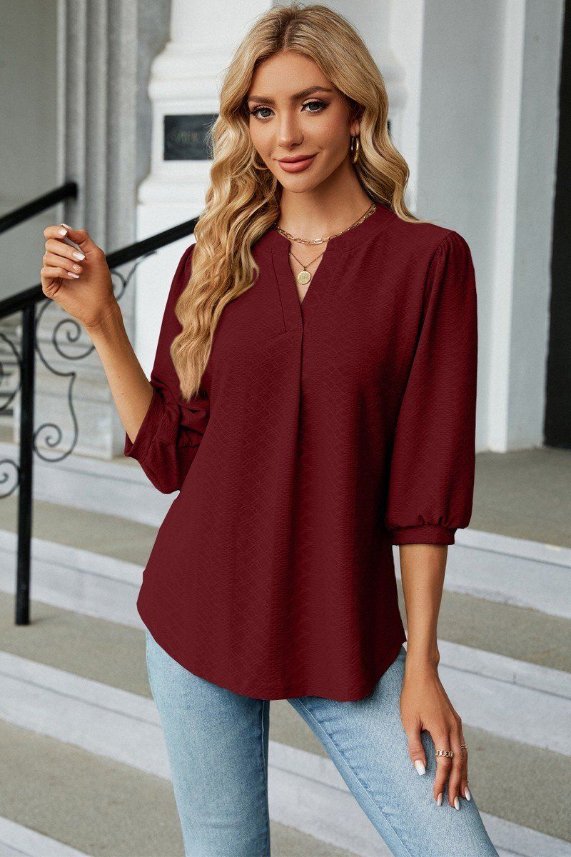 WOMEN RIBBED 3/4 SLEEVE PATTERN STITCHED BLOUSE