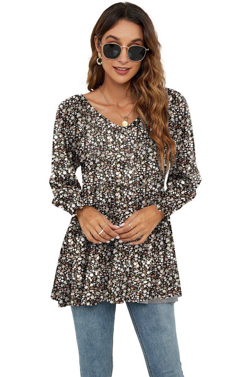 WOMEN LOOSE FIT FLORAL PATTERN RUFFLED TUNIC TOP