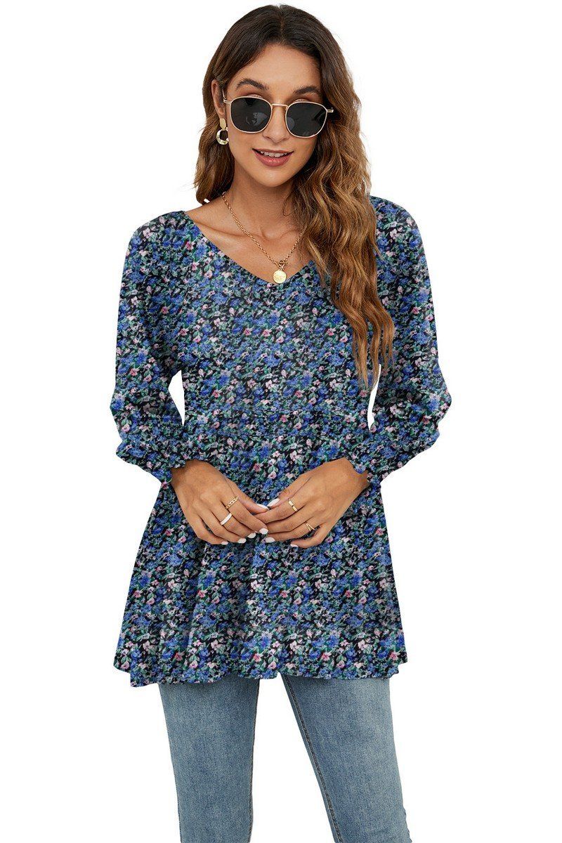 WOMEN LOOSE FIT FLORAL PATTERN RUFFLED TUNIC TOP