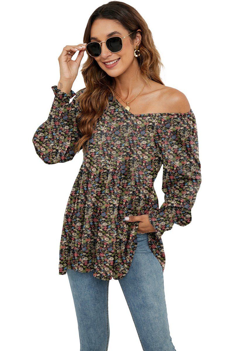 WOMEN LOOSE FIT FLORAL PATTERN RUFFLED TUNIC TOP