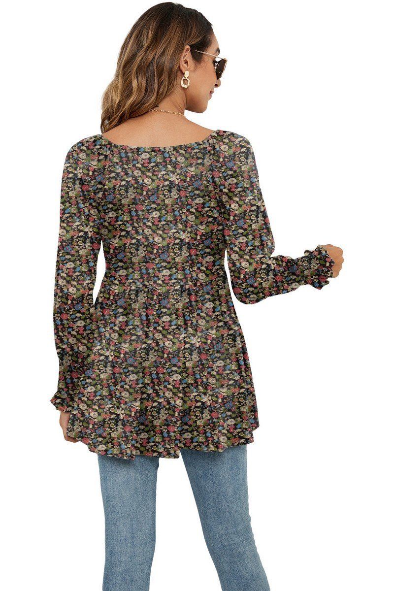 WOMEN LOOSE FIT FLORAL PATTERN RUFFLED TUNIC TOP