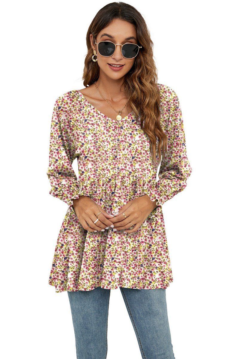 WOMEN LOOSE FIT FLORAL PATTERN RUFFLED TUNIC TOP