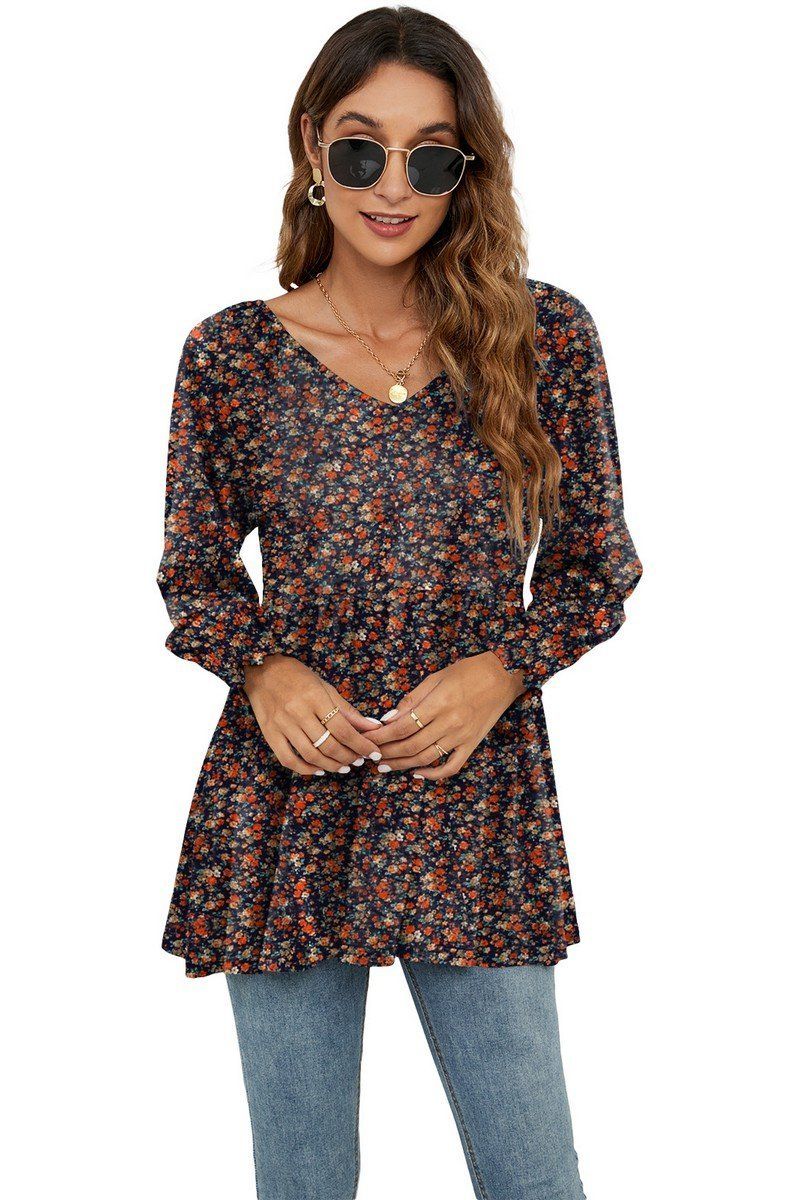 WOMEN LOOSE FIT FLORAL PATTERN RUFFLED TUNIC TOP