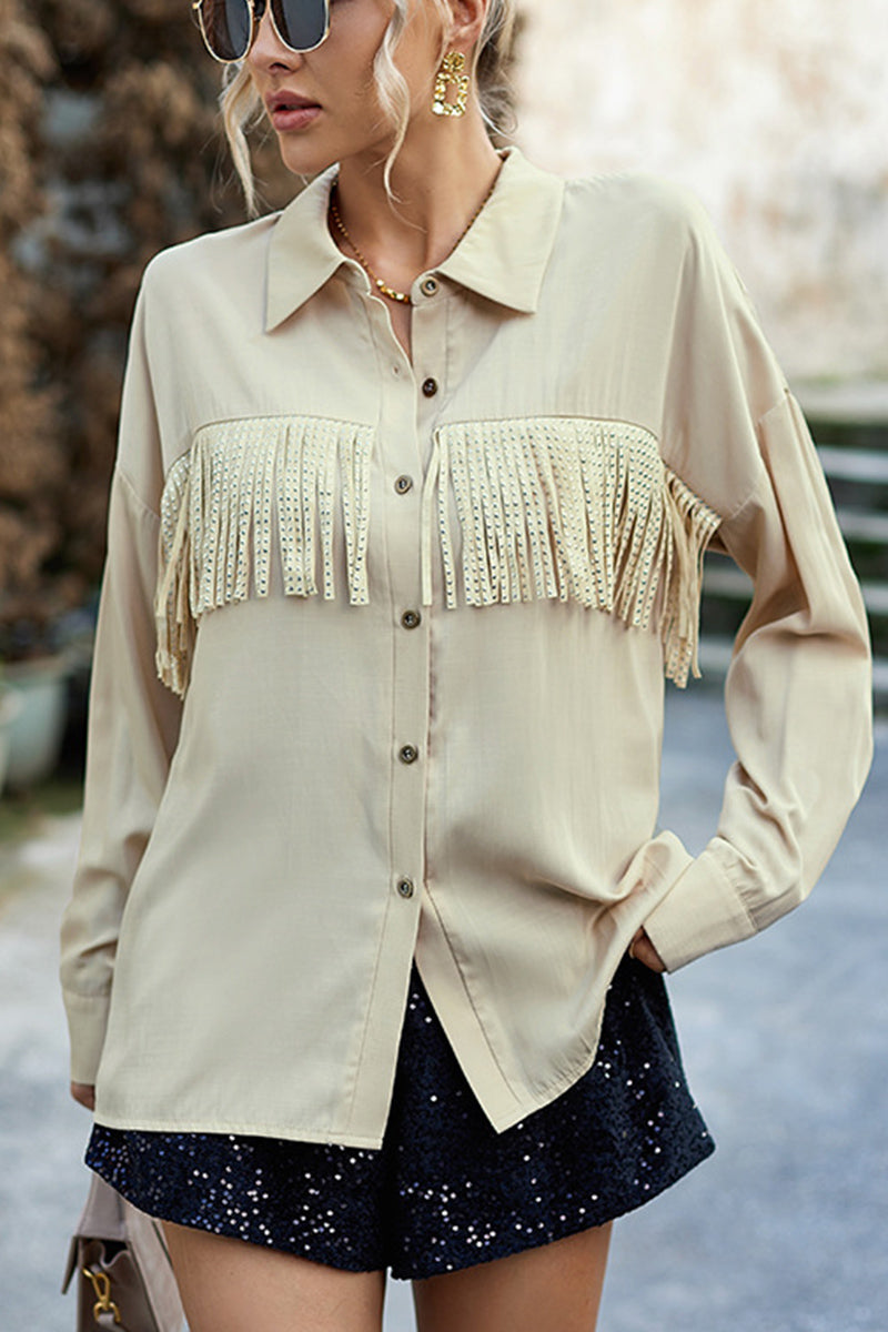 WOMEN TASSEL DETAILED BUTTON UP BLOUSE SHIRTS