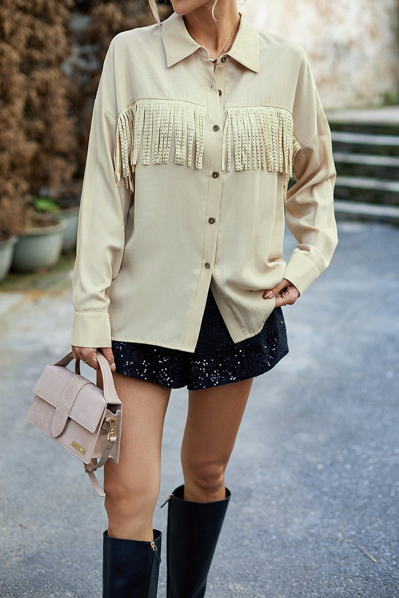 WOMEN TASSEL DETAILED BUTTON UP BLOUSE SHIRTS