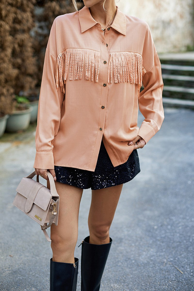 WOMEN TASSEL DETAILED BUTTON UP BLOUSE SHIRTS