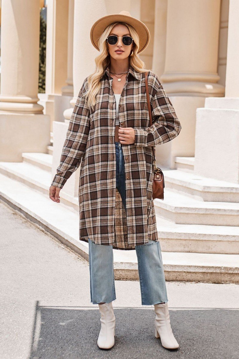 WOMEN CLASSIC PLAID PATTERN LONG LENGTH SHACKET