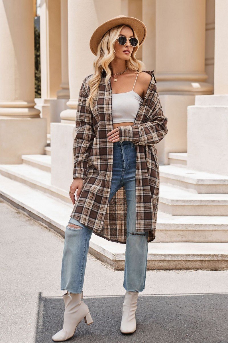 WOMEN CLASSIC PLAID PATTERN LONG LENGTH SHACKET