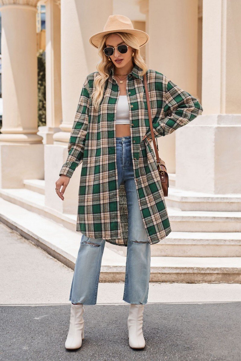 WOMEN CLASSIC PLAID PATTERN LONG LENGTH SHACKET