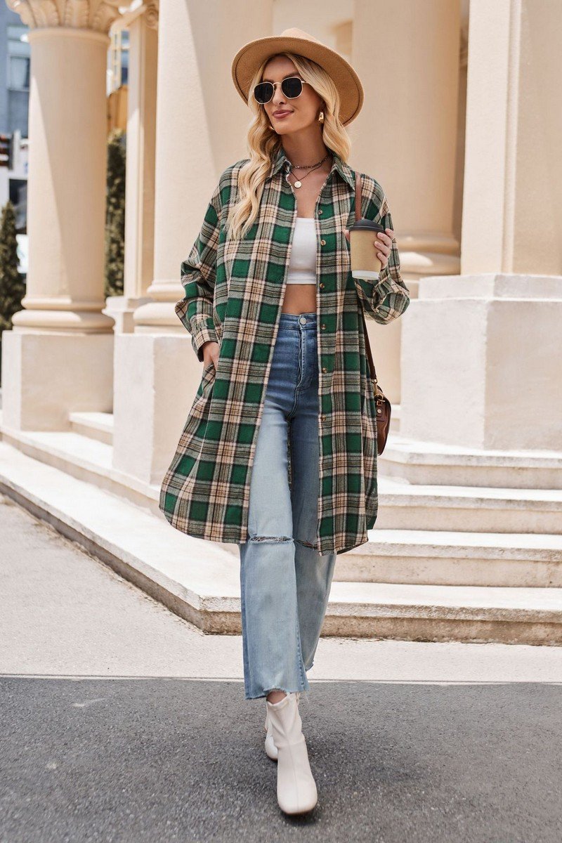 WOMEN CLASSIC PLAID PATTERN LONG LENGTH SHACKET