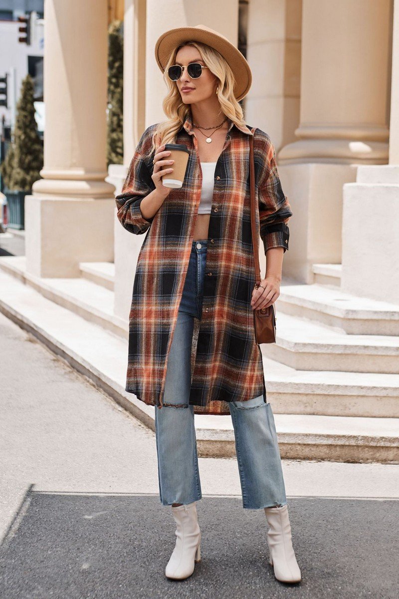 WOMEN CLASSIC PLAID PATTERN LONG LENGTH SHACKET