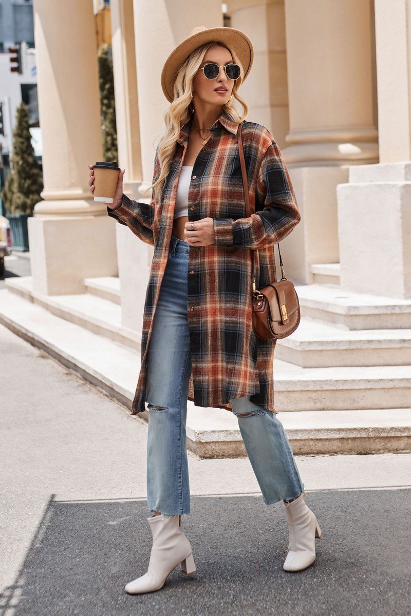 WOMEN CLASSIC PLAID PATTERN LONG LENGTH SHACKET