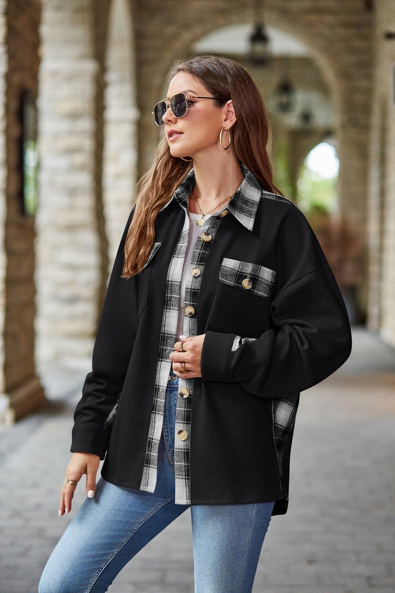 WOMEN PLAID DETAIL KNITTED LOOSE SHACKET JACKET