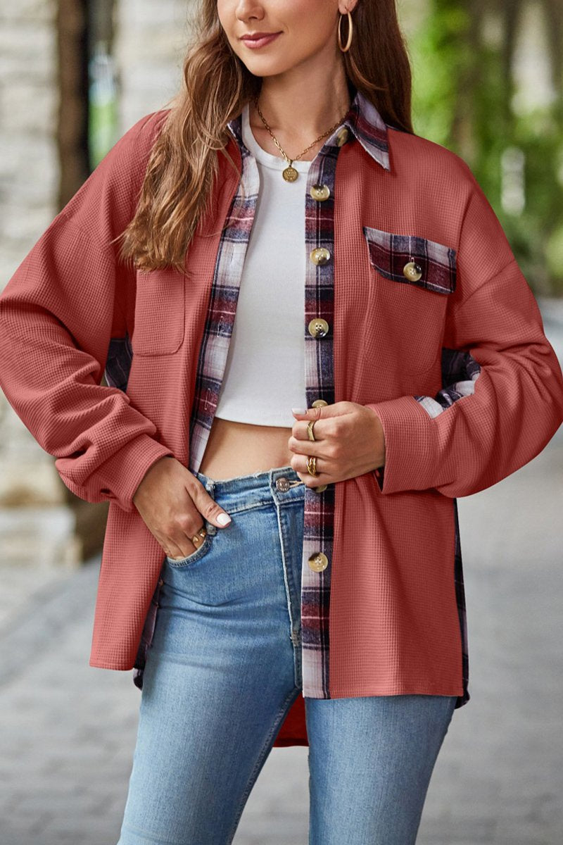 WOMEN PLAID DETAIL KNITTED LOOSE SHACKET JACKET