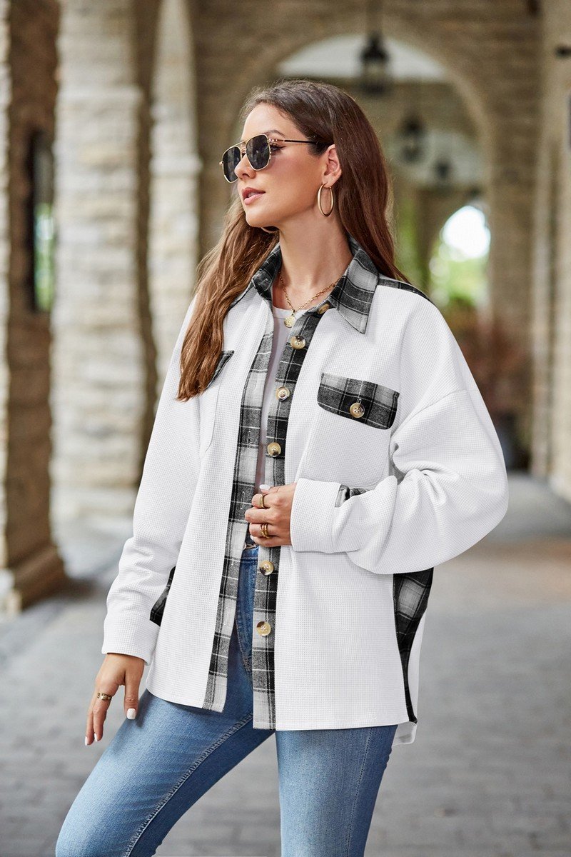 WOMEN PLAID DETAIL KNITTED LOOSE SHACKET JACKET