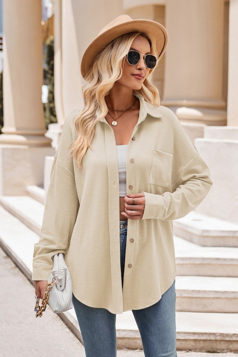 WOMEN OVERSIZED WAFFLE KNIT BUTTON DOWN SHACKET