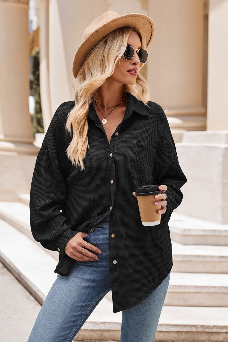 WOMEN OVERSIZED WAFFLE KNIT BUTTON DOWN SHACKET