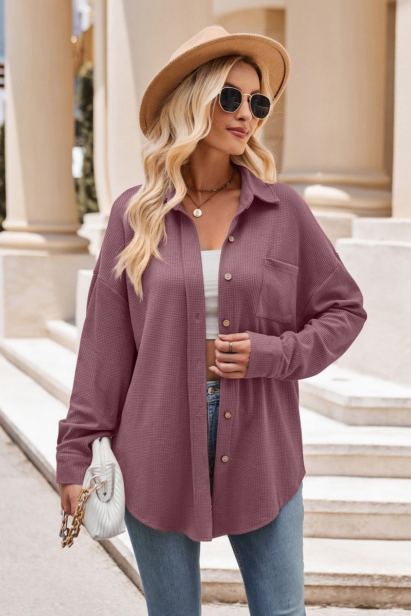 WOMEN OVERSIZED WAFFLE KNIT BUTTON DOWN SHACKET