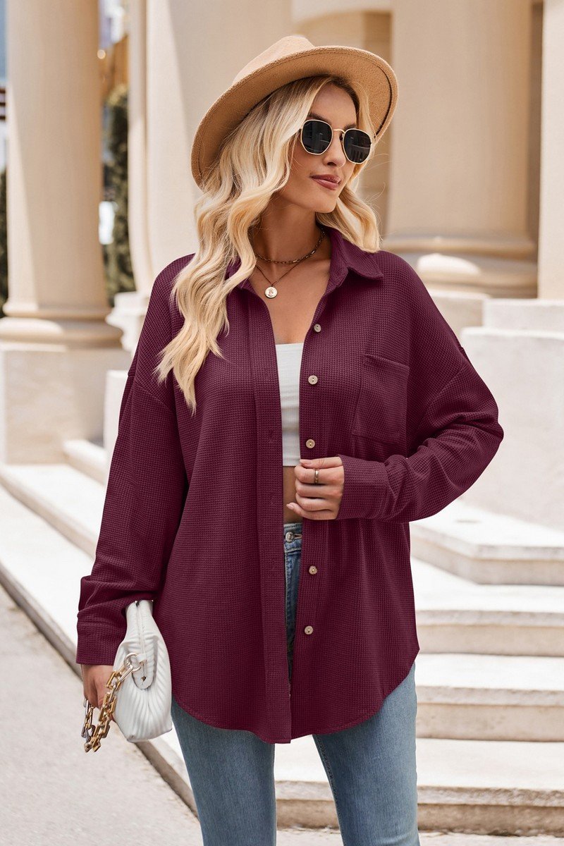 WOMEN OVERSIZED WAFFLE KNIT BUTTON DOWN SHACKET