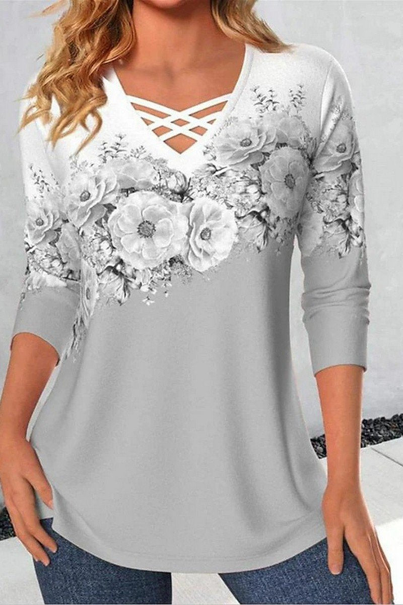 WOMEN STRAP NECK LONG SLEEVE FLORAL PRINTING TOP