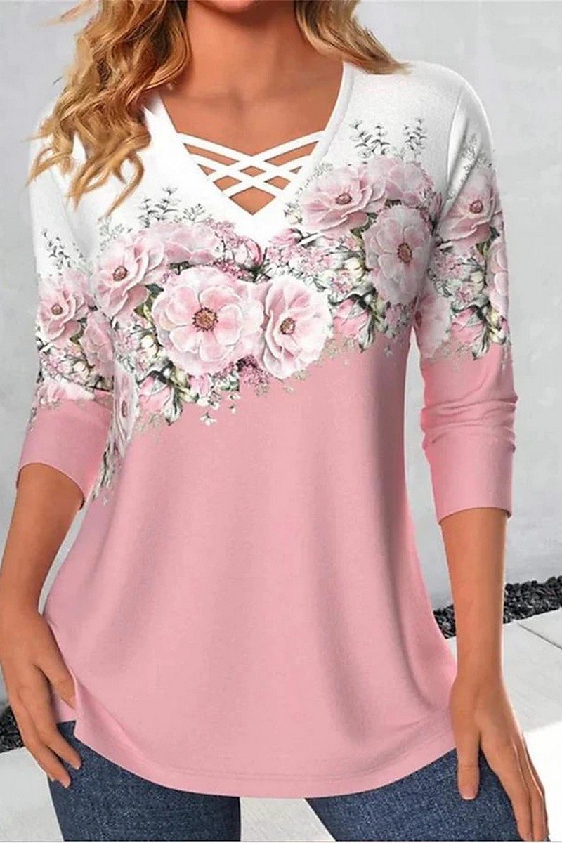 WOMEN STRAP NECK LONG SLEEVE FLORAL PRINTING TOP