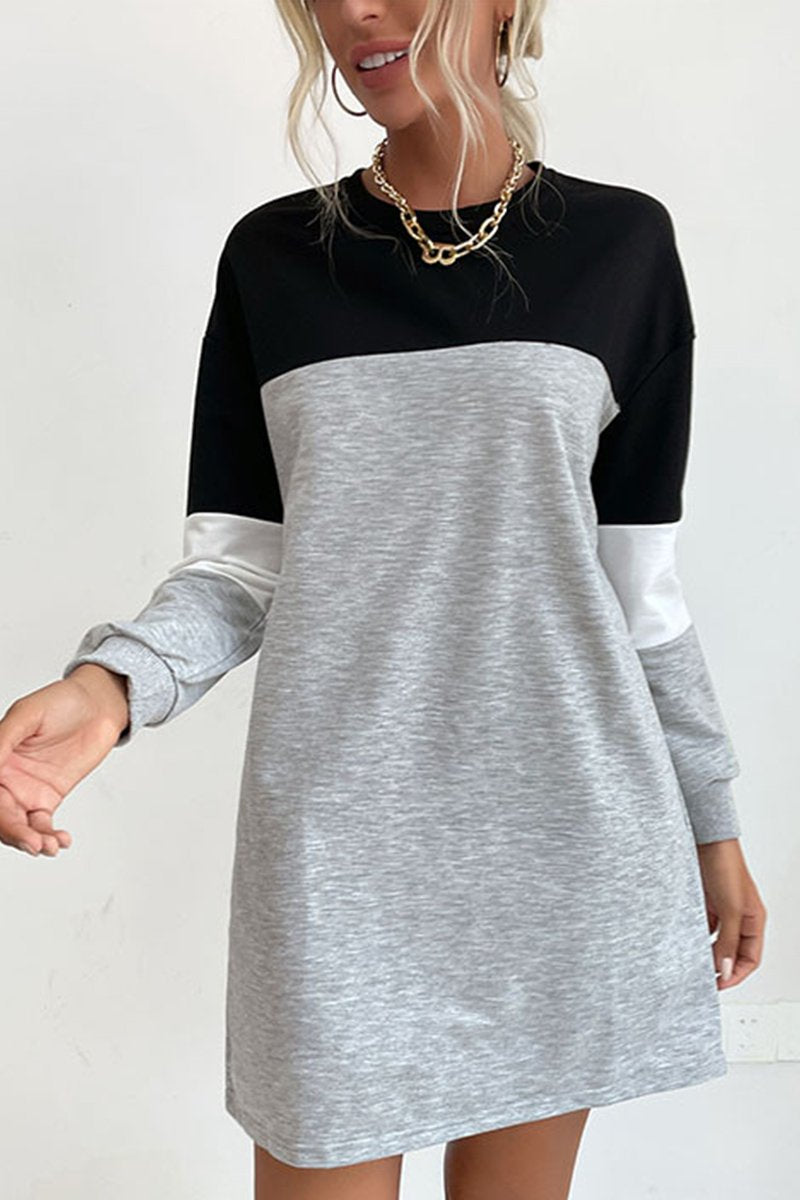 WOMEN LONG SLEEVE COLOR BLOCK COZY SHOR DRESS