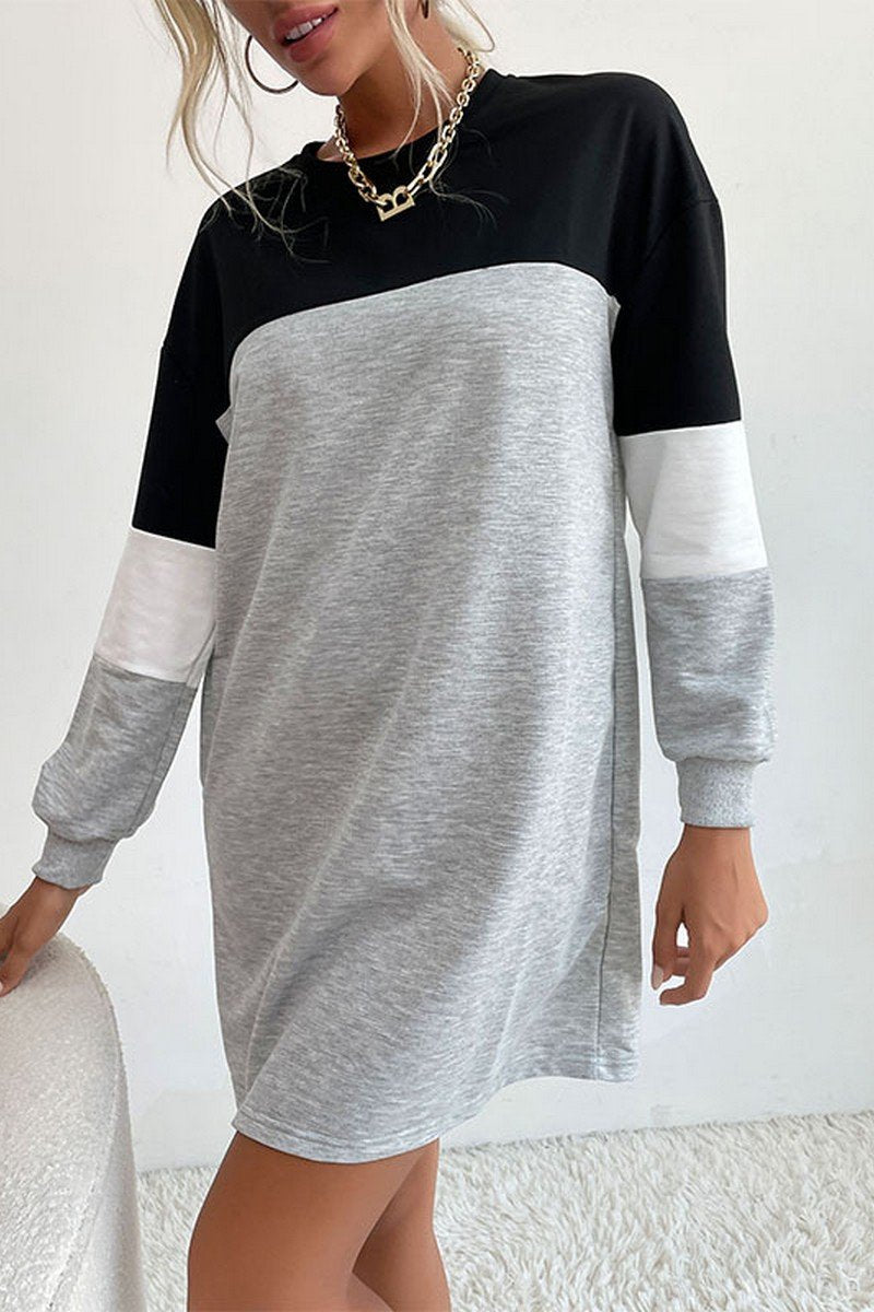 WOMEN LONG SLEEVE COLOR BLOCK COZY SHOR DRESS