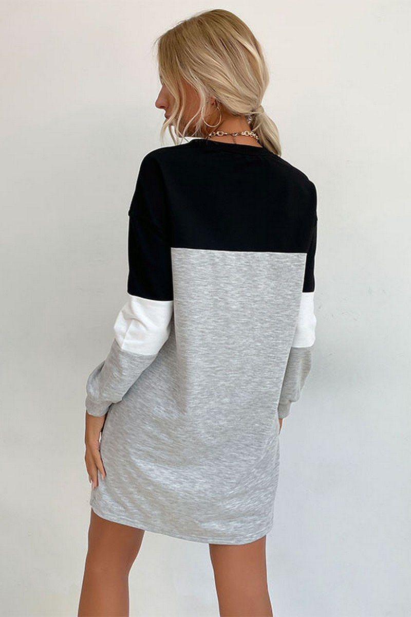 WOMEN LONG SLEEVE COLOR BLOCK COZY SHOR DRESS