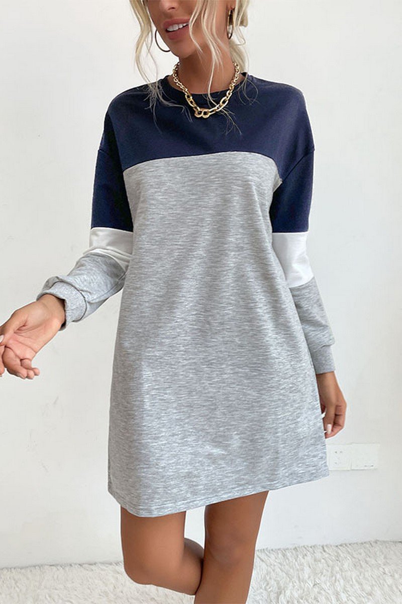 WOMEN LONG SLEEVE COLOR BLOCK COZY SHOR DRESS