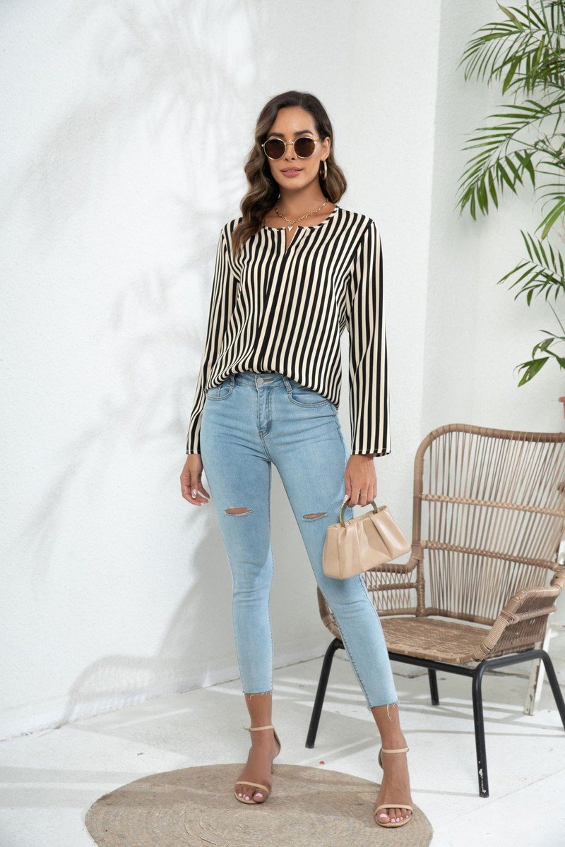 WOMEN STRIPE PRINTING CASUAL LONGSLEEVE SHIRT