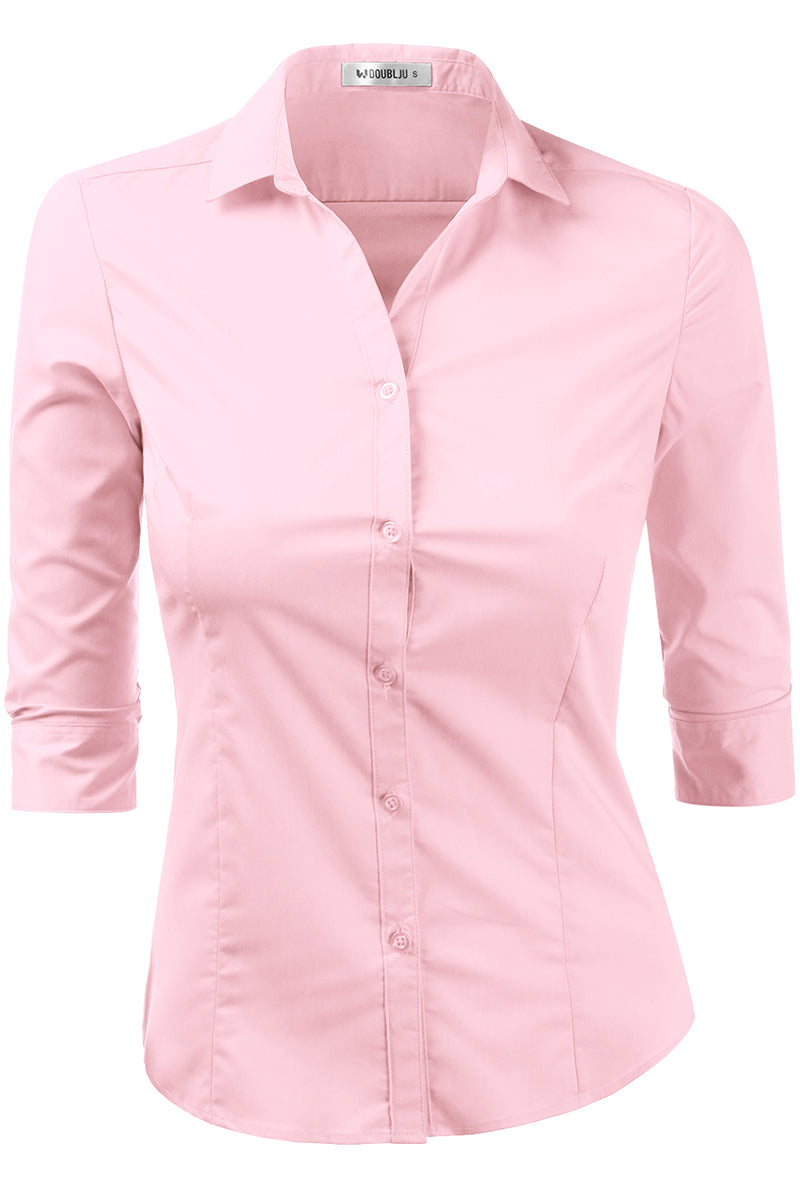 WOMENS BASIC SLIM FIT Y 3/4 SLEEVE BUTTON DOWN COLLARED SHIRT