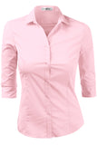 WOMENS BASIC SLIM FIT Y 3/4 SLEEVE BUTTON DOWN COLLARED SHIRT