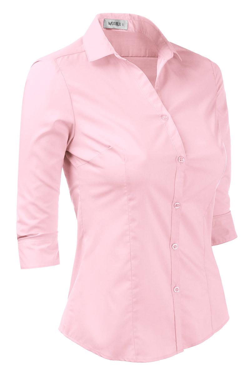 WOMENS BASIC SLIM FIT Y 3/4 SLEEVE BUTTON DOWN COLLARED SHIRT