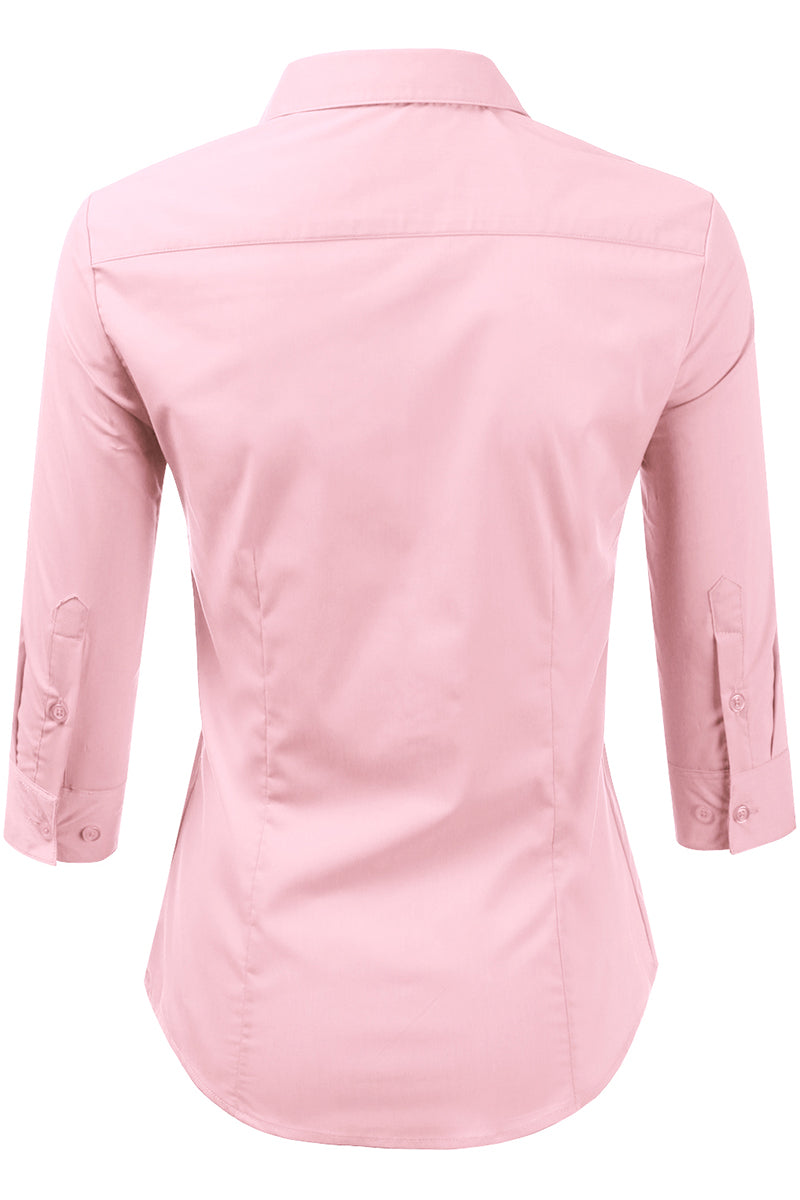 WOMENS BASIC SLIM FIT Y 3/4 SLEEVE BUTTON DOWN COLLARED SHIRT