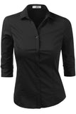 WOMENS BASIC SLIM FIT Y 3/4 SLEEVE BUTTON DOWN COLLARED SHIRT