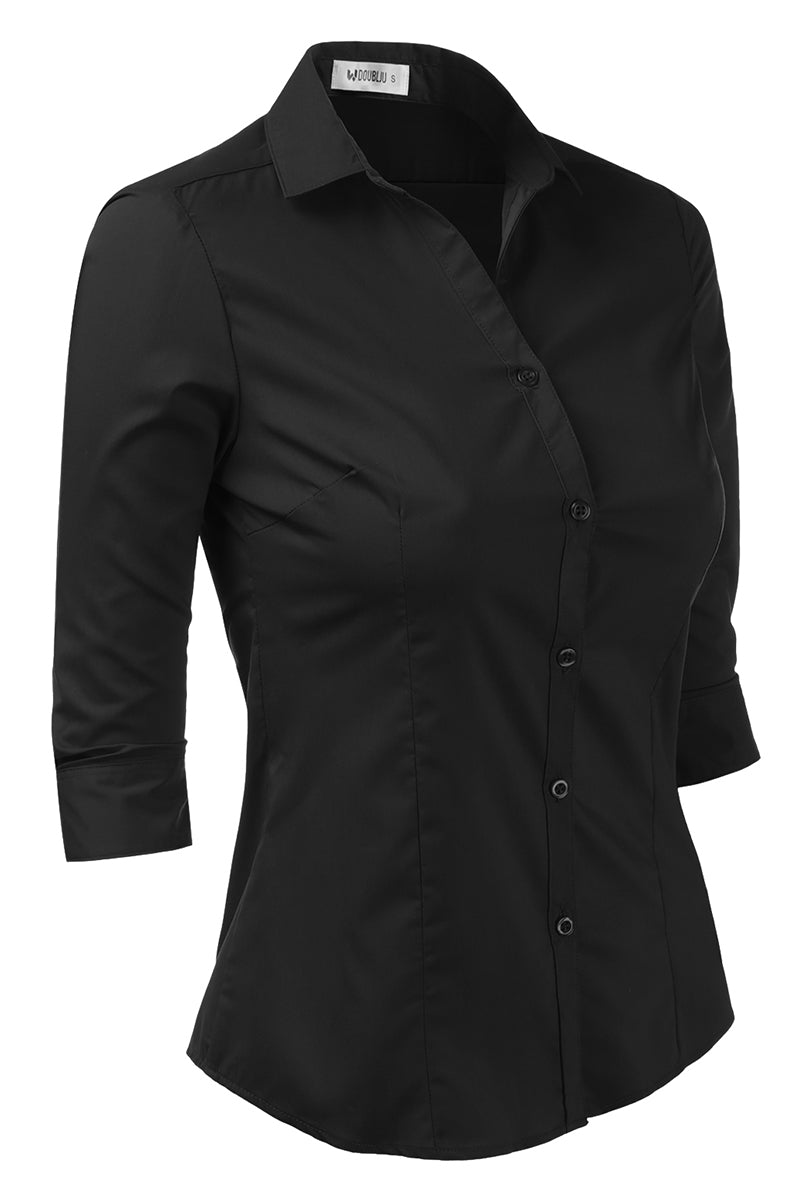 WOMENS BASIC SLIM FIT Y 3/4 SLEEVE BUTTON DOWN COLLARED SHIRT