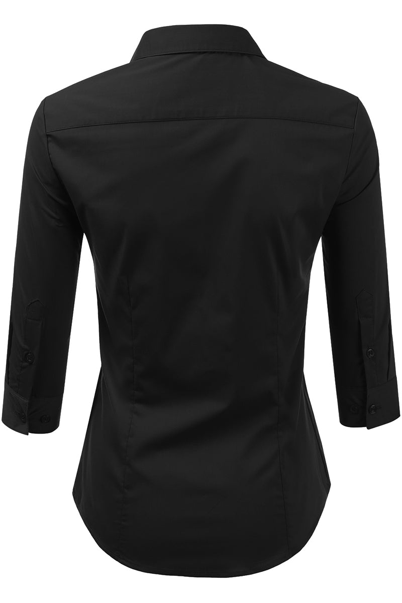 WOMENS BASIC SLIM FIT Y 3/4 SLEEVE BUTTON DOWN COLLARED SHIRT