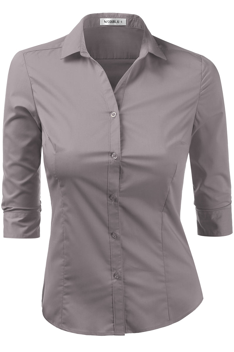 WOMENS BASIC SLIM FIT Y 3/4 SLEEVE BUTTON DOWN COLLARED SHIRT