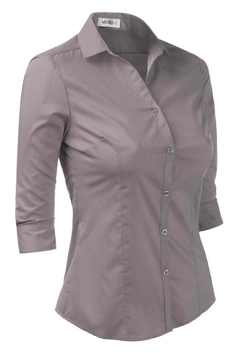 WOMENS BASIC SLIM FIT Y 3/4 SLEEVE BUTTON DOWN COLLARED SHIRT