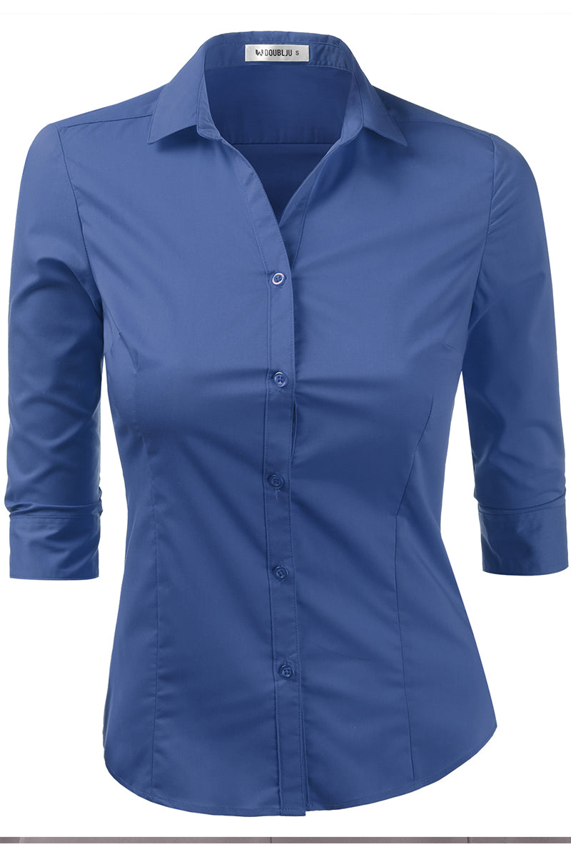 WOMENS BASIC SLIM FIT Y 3/4 SLEEVE BUTTON DOWN COLLARED SHIRT