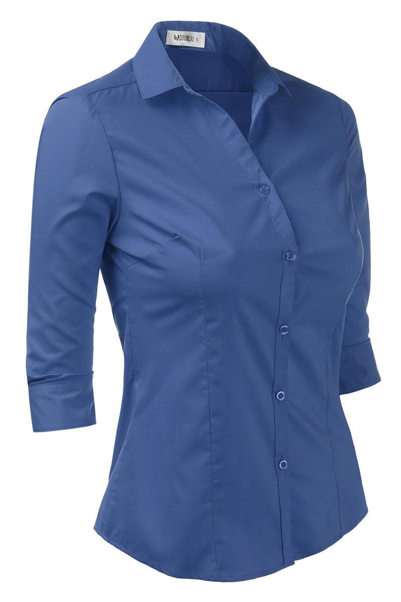 WOMENS BASIC SLIM FIT Y 3/4 SLEEVE BUTTON DOWN COLLARED SHIRT